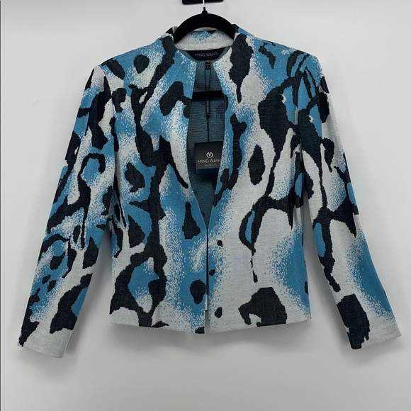 NEW MING WANG Blue and Black Abstract Knit Blazer Tailored Fit Size Petite XS - Picture 1 of 14